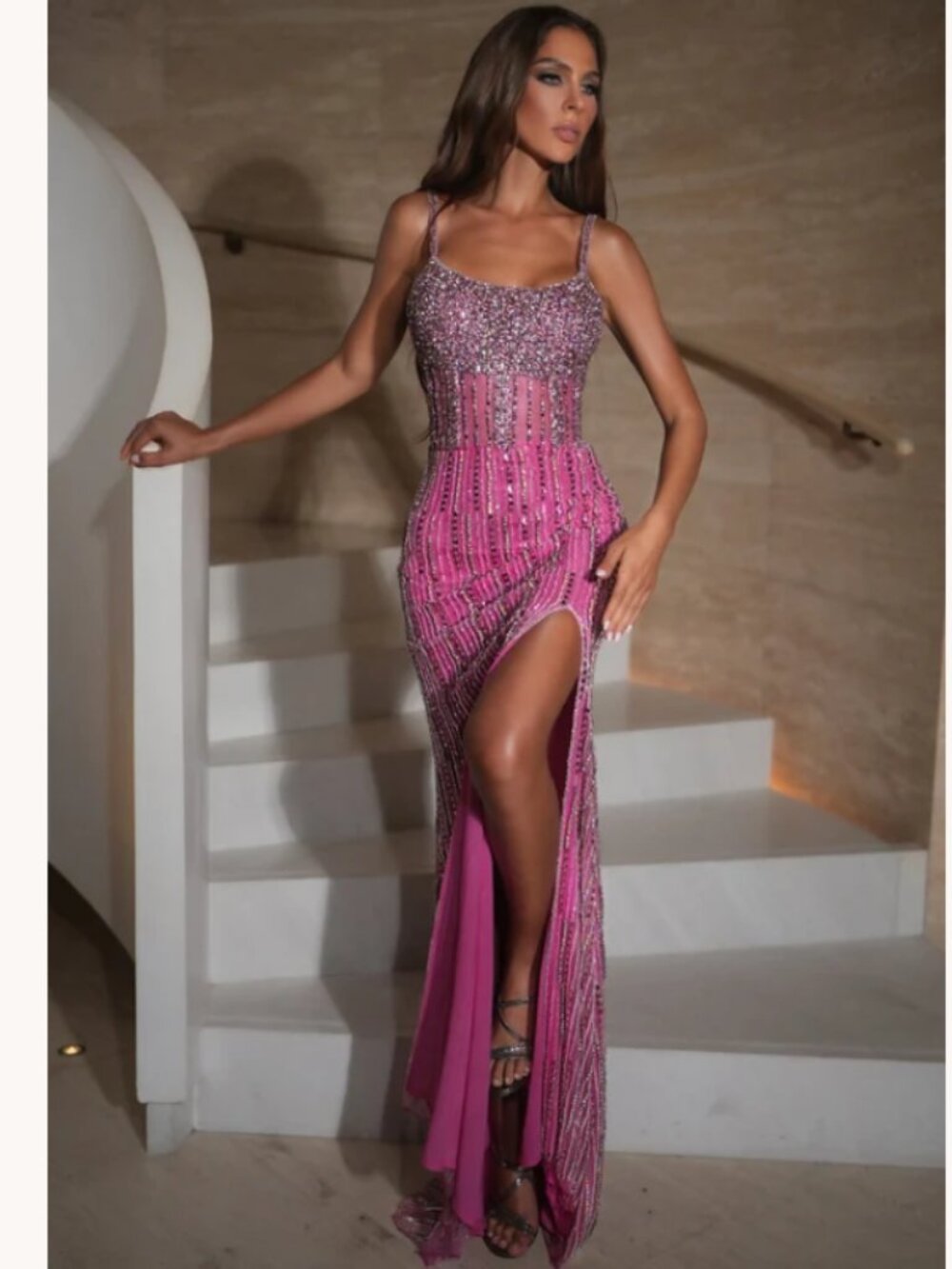Portia and Scarlett PS25478C Prom Long Beaded Slit Formal Dress Pink AB 8